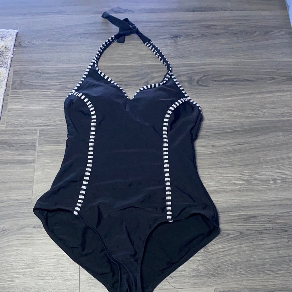 Black and white half stripped one piece